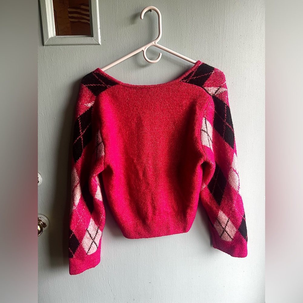 H&M Knitted Cardigan V neck Long Sleeve Pink Argyle - Picture 3 of 3